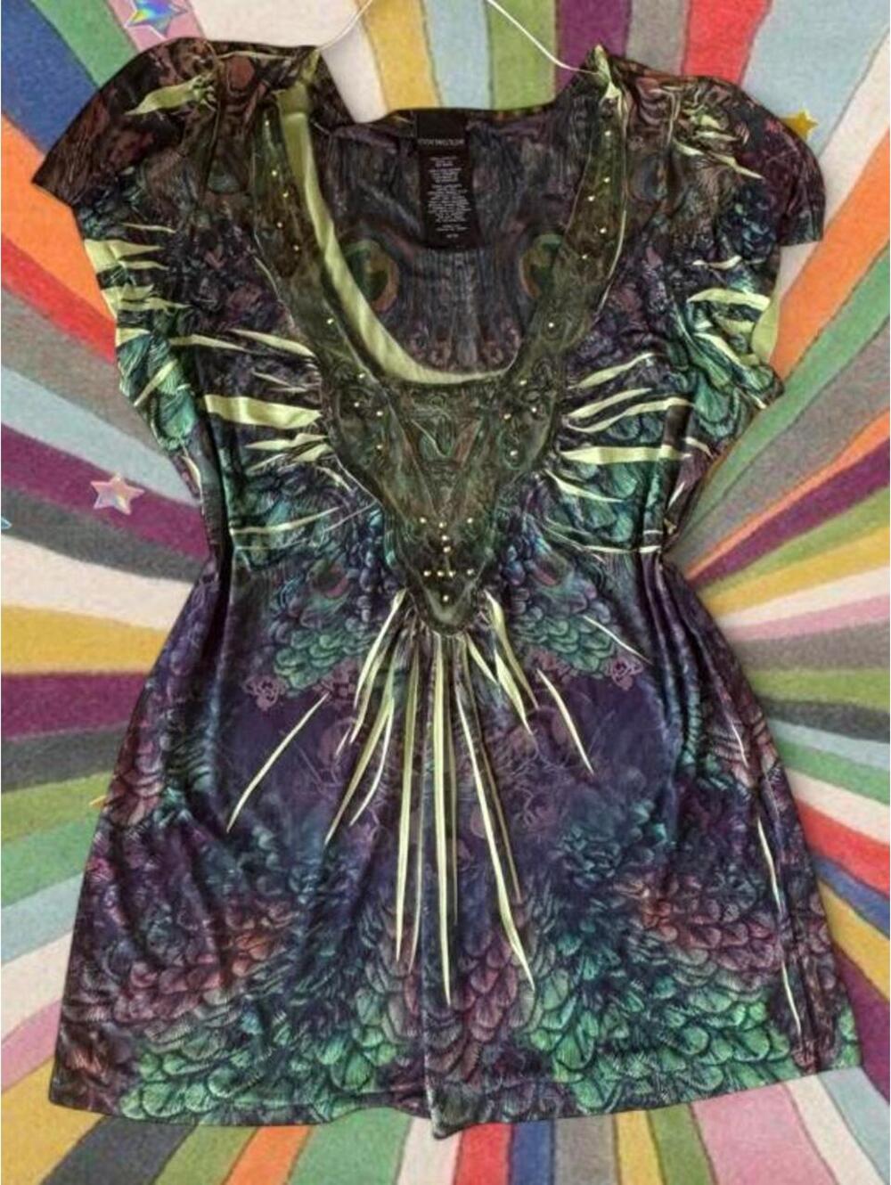 Y2K Covington multicoloured top with gold studs and mesh details.